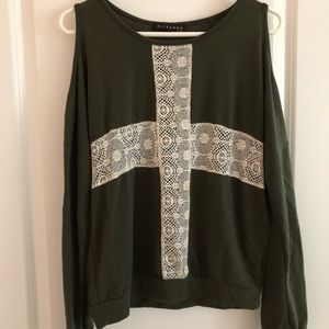Army green cold shoulder long sleeve top